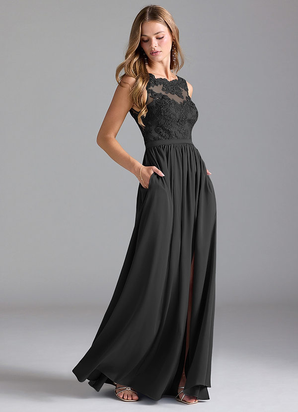 Azazie Elly Bridesmaid Dresses Black A-Line Lace Stretch Satin Dress image1