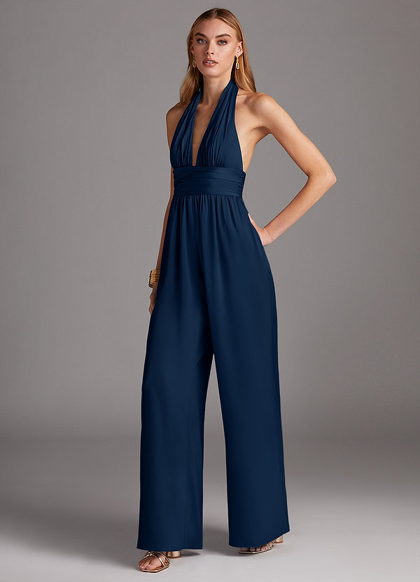 Azazie Oli Bridesmaid Dresses Dark Navy Pleated Stretch Satin Jumpsuit image1
