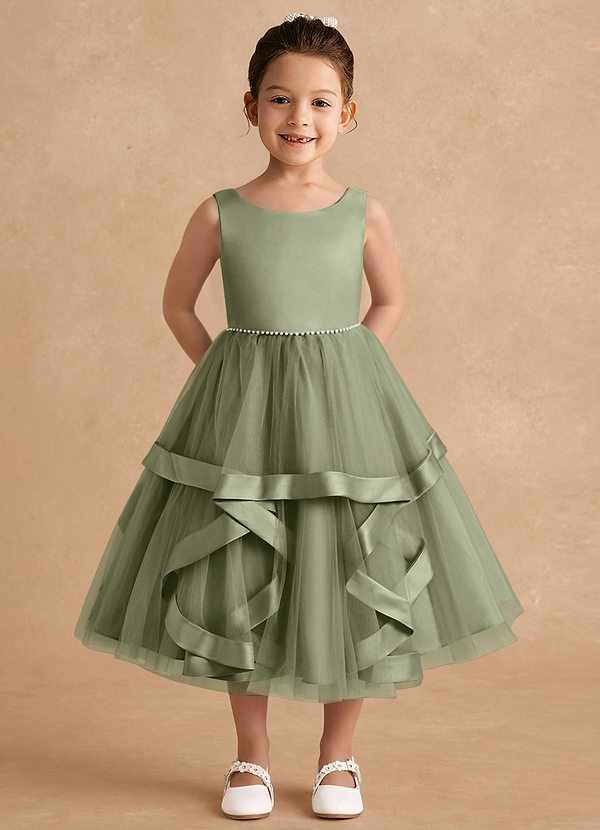 Azazie Posy Blumenkinder Kleider A-Linie Mit Perlen Tüll Kleid Pistazie image1