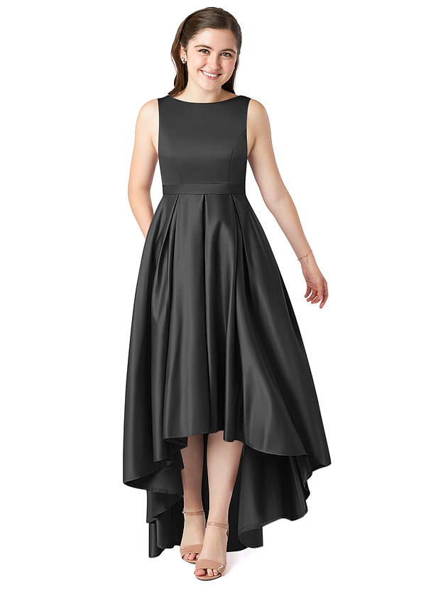Azazie Inaya Junior Black A-Line with Belt Stretch Satin Dress image1