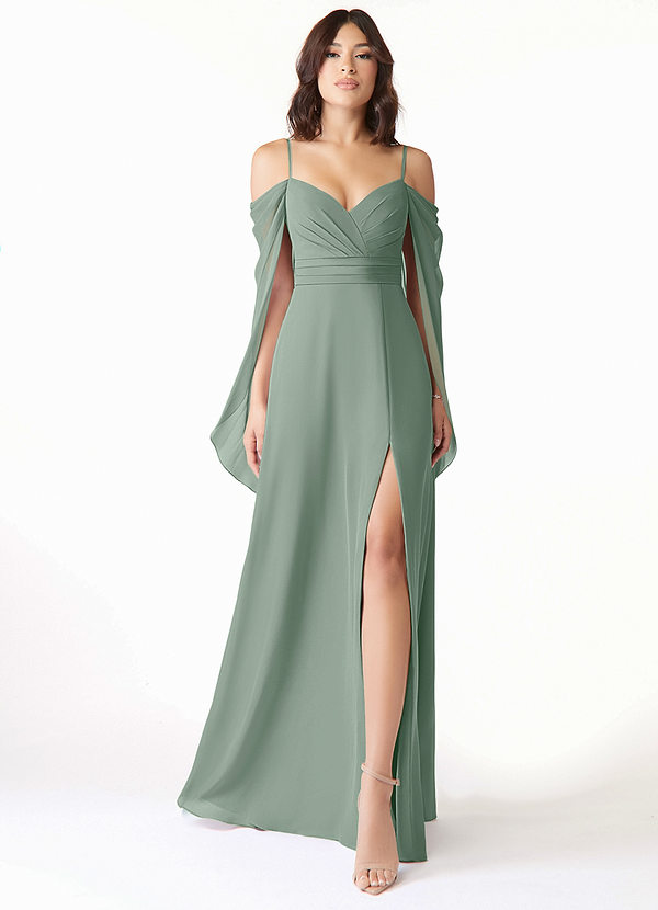 Azazie Cienna Brautjungfernkleider A-Linie Langarm Chiffon Kleid Silberner Salbei image1