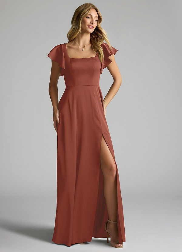 Azazie Bondi Bridesmaid Dresses Auburn A-Line Bow Stretch Satin Dress image1