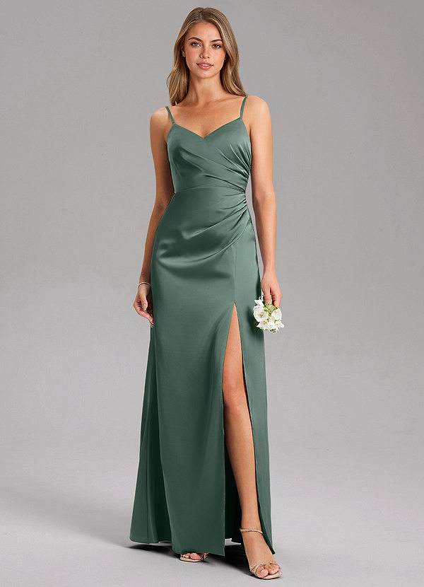 Azazie Azuree Bridesmaid Dresses Sea Moss A-Line Pleated Stretch Satin Dress image1