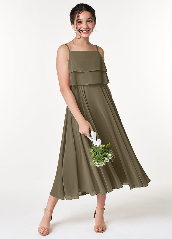 Azazie Ensley Junior A라인 주름진 쉬폰 티 길이 주니어 신부 들러리 드레스 image1