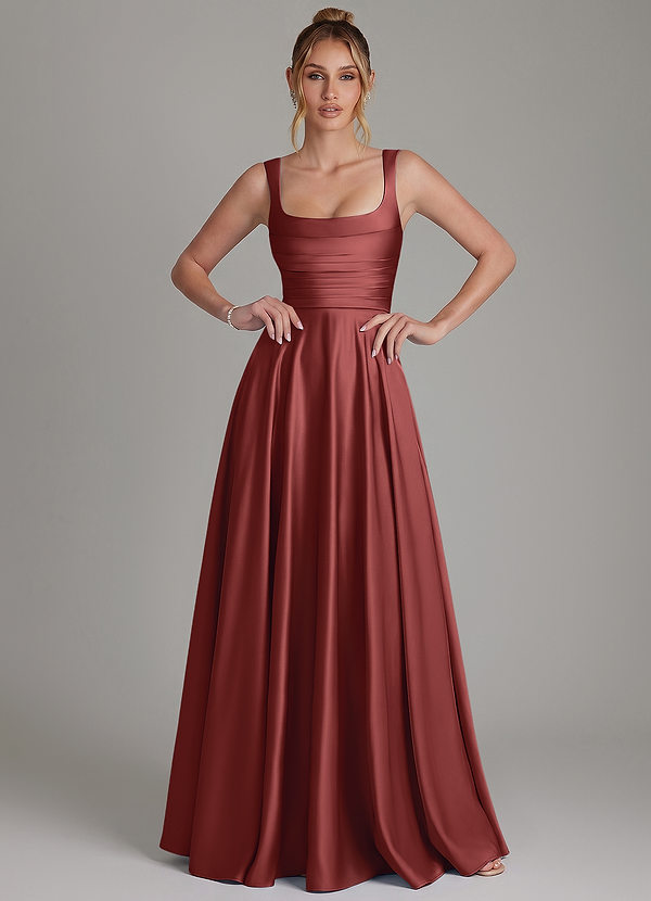 Azazie Azaria Robes de demoiselle d'honneur Robe Trapèze en Satin extensible Corset Terracotta image1