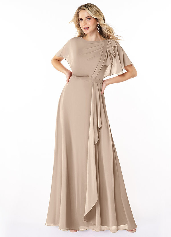 Azazie Aaliyah Modest Bridesmaid Dresses A-Line Scoop Pleated Chiffon Floor-Length Dress image1