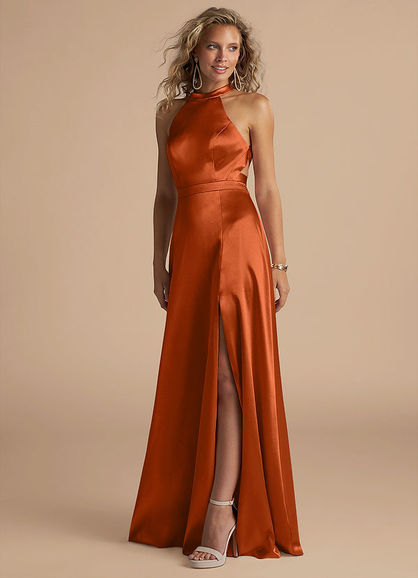 Azazie Clarice Bridesmaid Dresses Burnt Orange A-Line High Neck Metallic Satin Dress image1