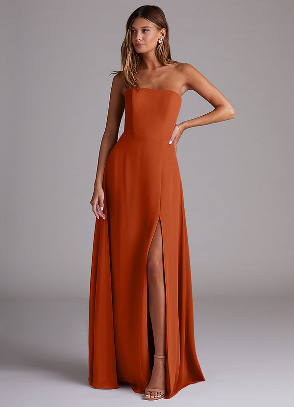 Azazie Wren Bridesmaid Dresses Burnt Orange A-Line Side Slit Chiffon Convertible Dress image1
