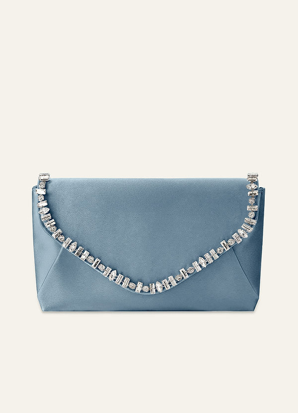 front Matching Color Crystal Trim Satin Evening Clutch Bag with Chain Strap