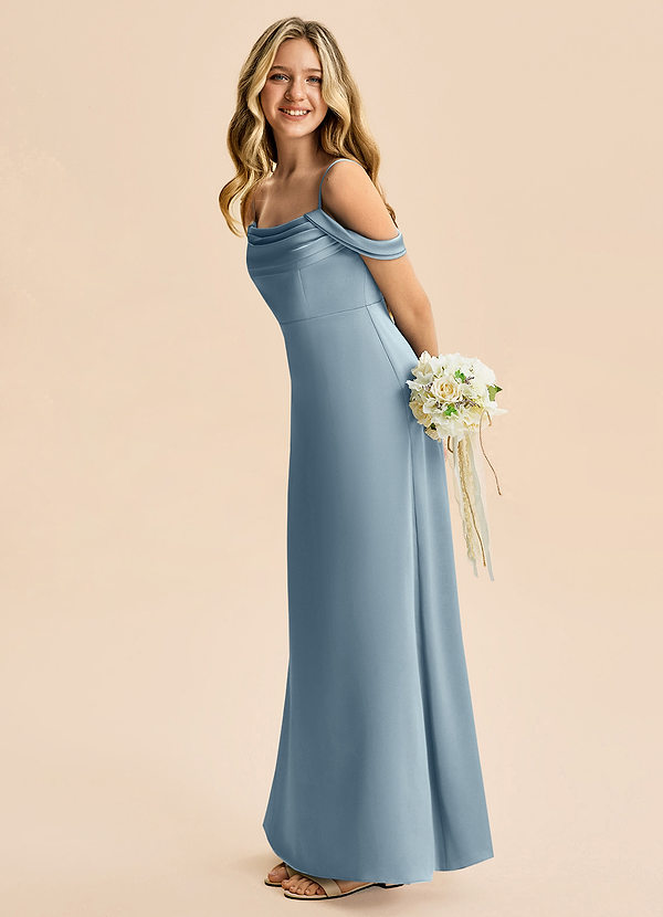 Azazie Lettie Junior A-Line Off-Shoulder Stræk satin Gulv-længde Junior brudepige Kjole image1