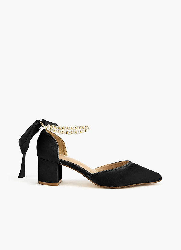 front Satin Pearl and Bow Pointed Toe Block Heels