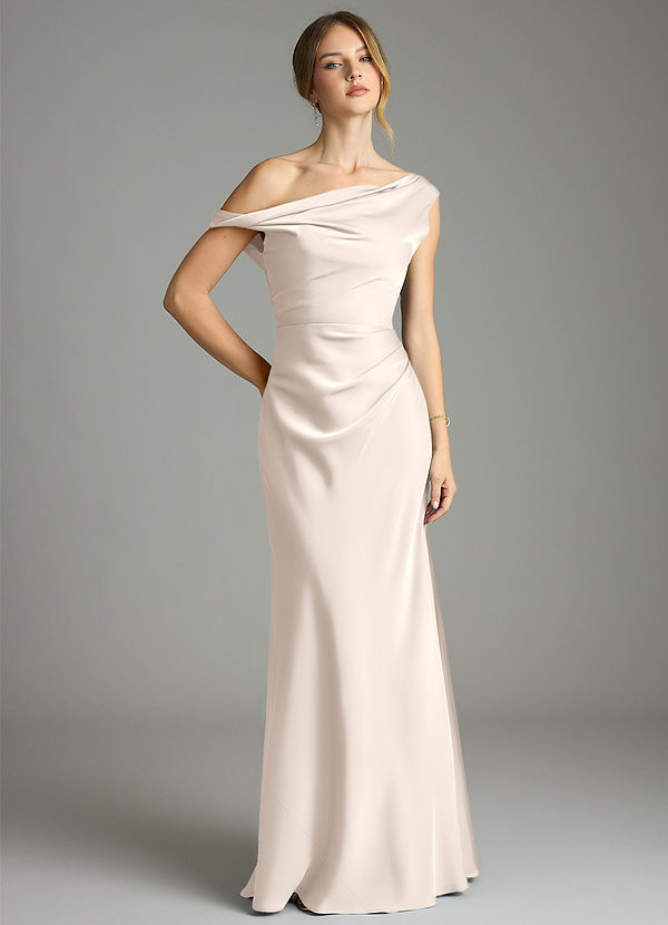 Azazie Emerson Bridesmaid Dresses White Alabaster Mermaid Off the Shoulder Stretch Satin Dress image1
