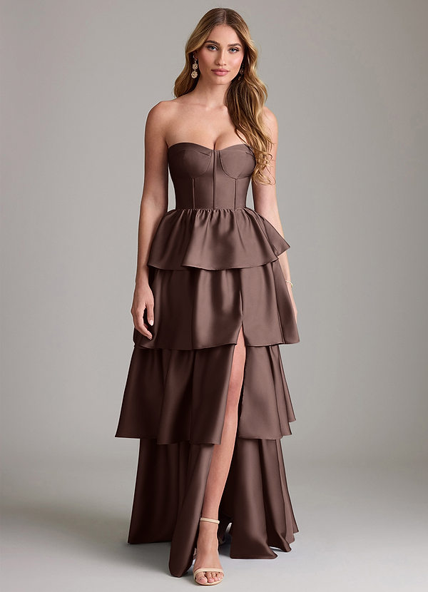 Azazie Faye Bridesmaid Dresses Ganache A-Line Ruched Stretch Satin Dress image1