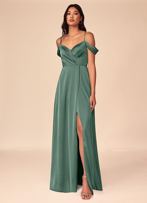 Azazie Ocean Bridesmaid Dresses Eucalyptus A-Line V-Neck Pleated Stretch Satin Dress image1