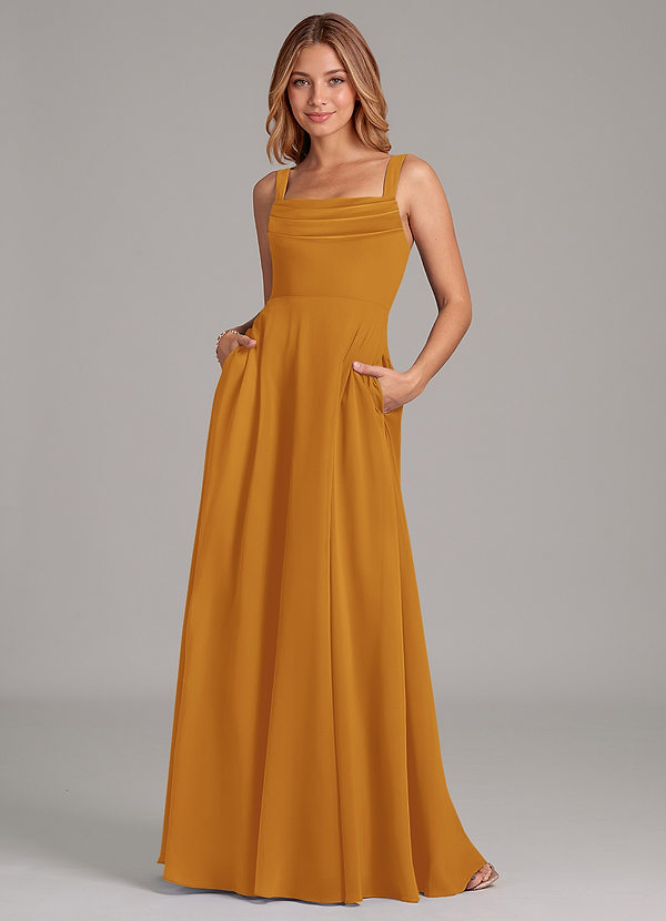 Azazie Shaude Bridesmaid Dresses Butterscotch A-Line Pleated Chiffon Dress image1