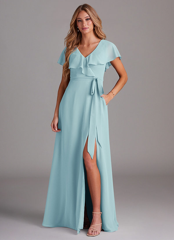 Azazie Lainey Bridesmaid Dresses Sea Glass A-Line with Pockets Chiffon Dress image1