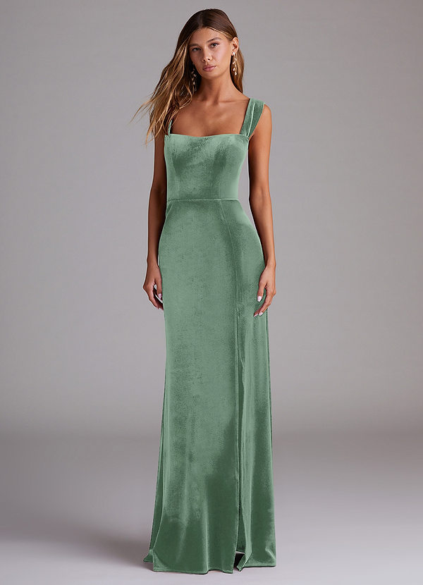 Azazie Junia Bridesmaid Dresses Eucalyptus Sheath Off the Shoulder Velvet Convertible Dress image1