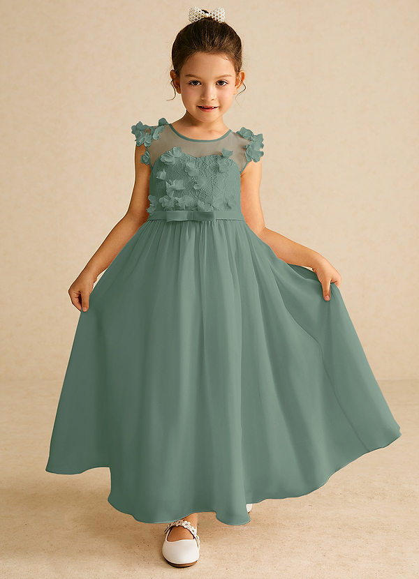 Azazie Arlo Blumenkinder Kleider A-Linie Schleifen Chiffon Kleid Eukalyptus image1