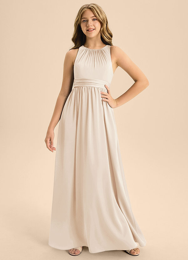 Azazie Jaylah Junior White Alabaster A-Line Pleated Stretch Satin Dress image1