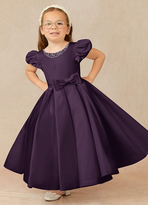 Azazie Jewel Flower Girl Dresses Plum Ball-Gown Pleated Matte Satin Dress image1