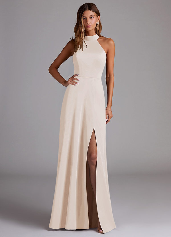 Azazie Myra Bridesmaid Dresses White Alabaster A-Line Side Slit Stretch Satin Dress image1