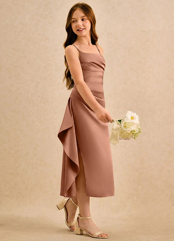 Azazie Canna Girls Formal Sukienki dla dziewczynek sypiących kwiaty Linia A Pofałdowany Satyna elastyczna Długość herbaty Sukienka image1