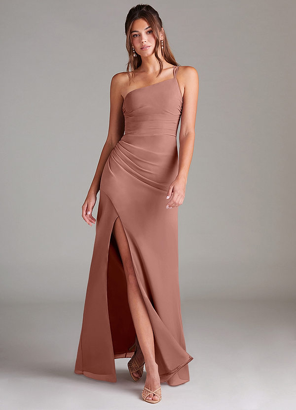 Azazie Eren Vestidos Dama de Honor Vestido de Rosa De Cedro de Gasa de Corte Recto con Hombro unilateral image1