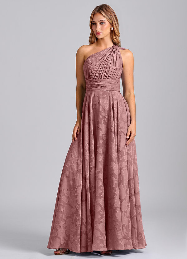 Azazie Charlize Bridesmaid Dresses Dusty Rose A-Line One Shoulder Floral Burnout Dress image1