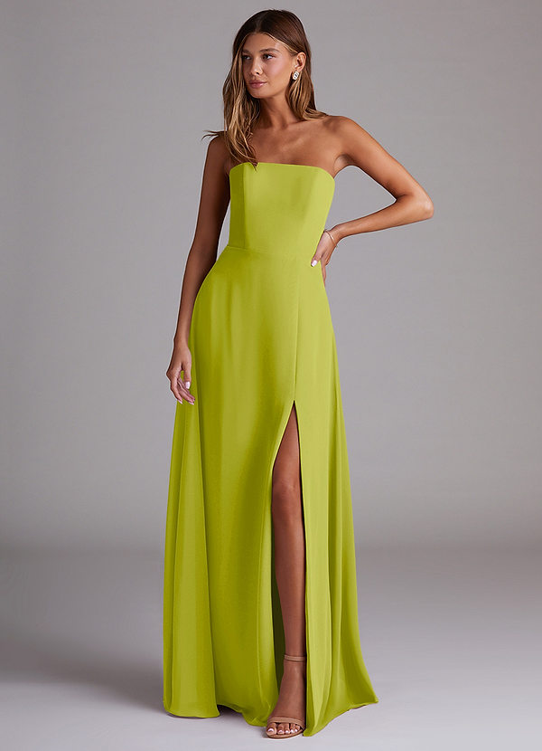 Azazie Wren Robes Demoiselle d'honneur Robe Trapèze Convertible en Mousseline de soie Fente Latérale Citronnelle image1