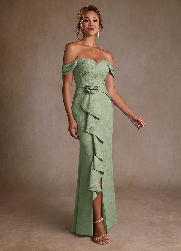 Azazie Irene Abiti da Mamma Sposa Abito A-Line in Burnout Floreale a Spalla Scoperta Verde Salvia image1