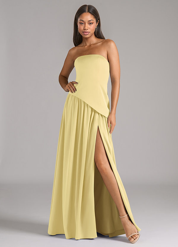 Azazie Adeline Robes Demoiselle d'honneur Robe Trapèze Convertible en Satin extensible Sans bretelle Sorbet Citron image1