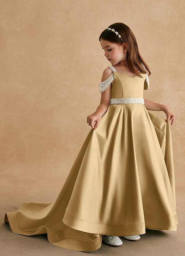 Azazie Jodi Flower Girl Dresses Gold A-Line Matte Satin Dress image1