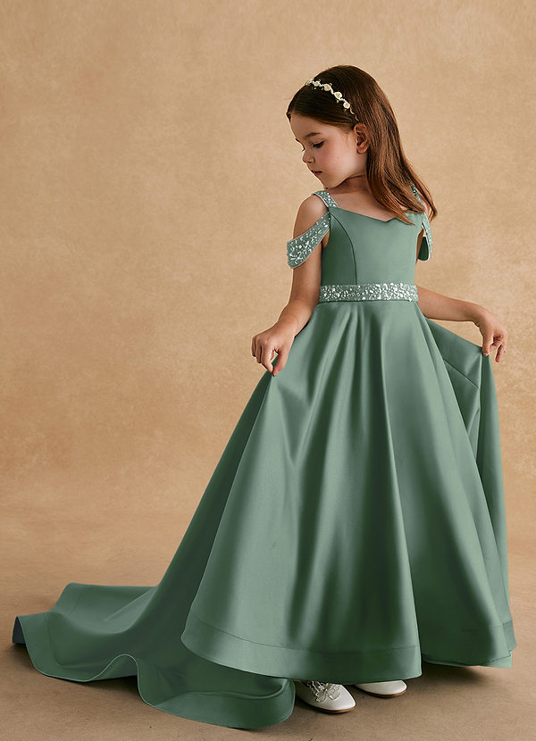 Azazie Jodi Vestidos de Niña de Flores Vestido de Eucalipto de Satin Mate de Corte En A image1