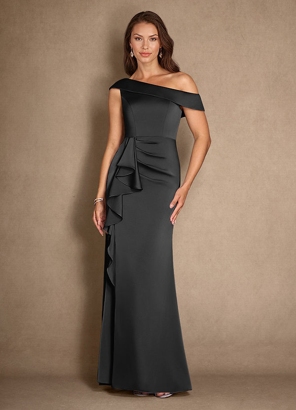Azazie Hamptons Mother of the Brides Dresses Black A-Line Pleated Stretch Satin Dress image1