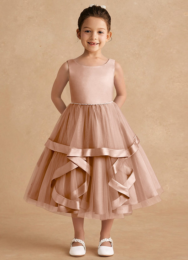 Azazie Posy Blumenkinder Kleider A-Linie Mit Perlen Tüll Kleid Champagner Rosa image1