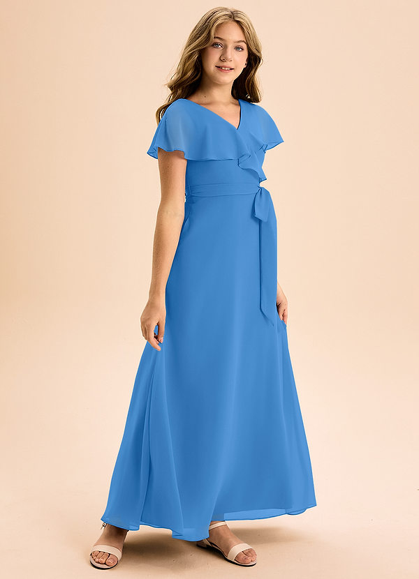 Azazie Lainey Junior Abito A-Line in Chiffon Con Tasche Blue Jay image1