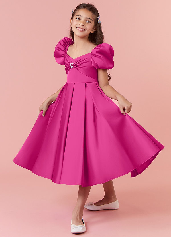 Barbie ♥ Azazie Flower Girl Dresses Puff Sleeve Bow Box Pleat Stretch Satin Dress image1