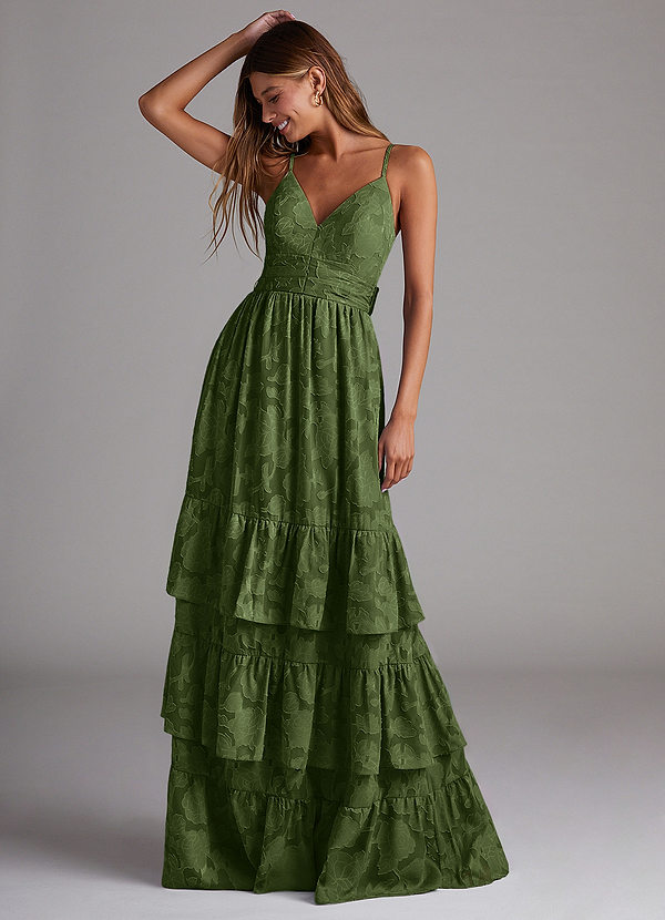 Azazie Nathalia Bruidsmeisjes Jurken Jurk van Bloemen Burn-out met A-Lijn Boog Olijf image1