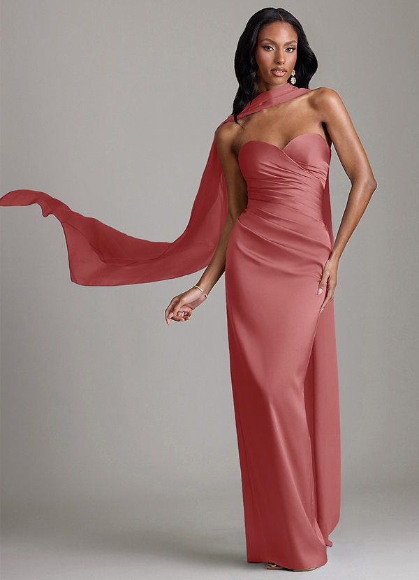 Azazie Sonora Vestidos Dama de Honor Vestido de Rosa Antigua de Satén Elástico de Corte Recto con Sin tirantes image1