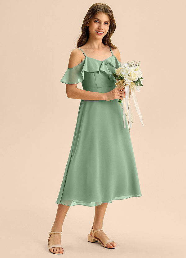 Azazie Kamilla Junior Matcha A-Line Off the Shoulder Chiffon Dress image1