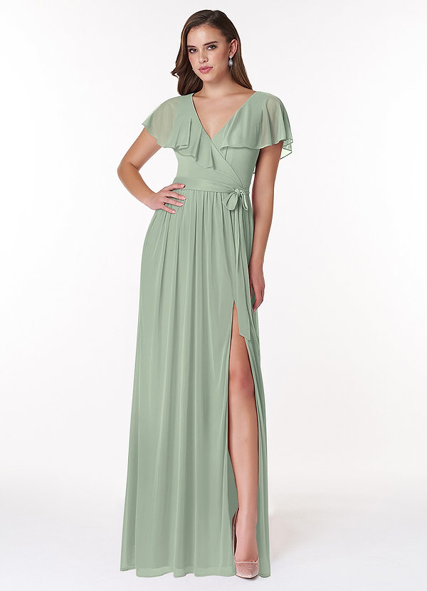 Azazie Jael Bridesmaid Dresses Dusty Sage A-Line V-Neck Mesh Dress image1