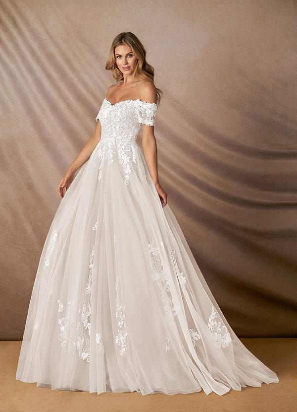 Azazie Rowe Wedding Dresses Ball-Gown Off the Shoulder Tulle Chapel Train Dress image1