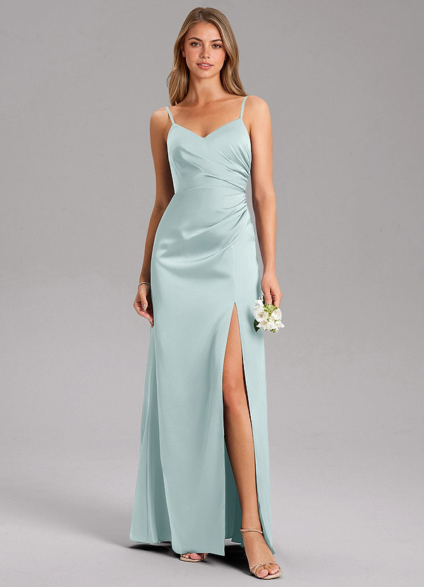 Azazie Azuree Bridesmaid Dresses Mist A-Line Pleated Stretch Satin Dress image1