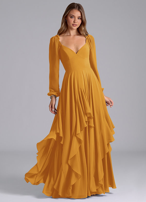 Azazie Karan Bridesmaid Dresses Butterscotch A-Line Long Sleeve Chiffon Dress image1