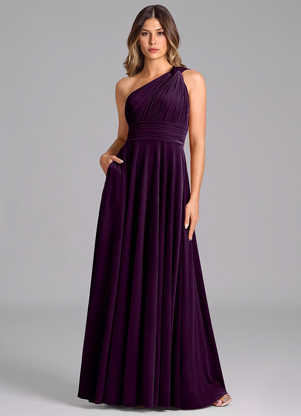 Azazie Charlize Bridesmaid Dresses Grape A-Line One Shoulder Velvet Dress image1