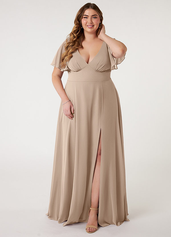 Azazie Kimber Bridesmaid Dresses Taupe A-Line Flounce Sleeve Chiffon Dress image1