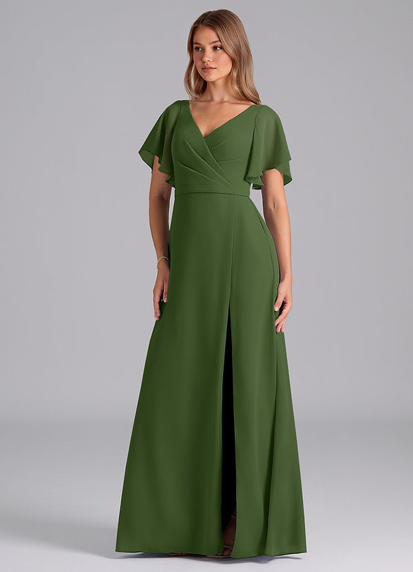 Azazie Ambrosia Bridesmaid Dresses Olive A-Line Pleated Chiffon Dress image1