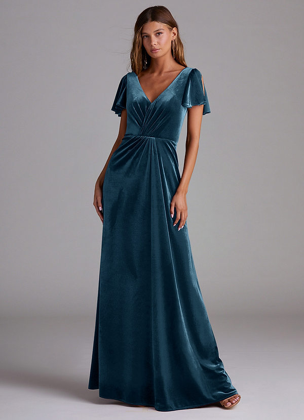 Azazie Soren Bridesmaid Dresses Blue Topaz A-Line Velvet Dress image1