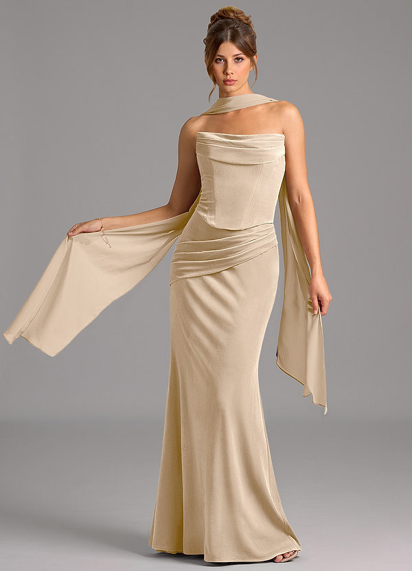 Azazie Sorrel Robes Demoiselle d'honneur Robe Sirène Convertible en velours Corset Champagne image1