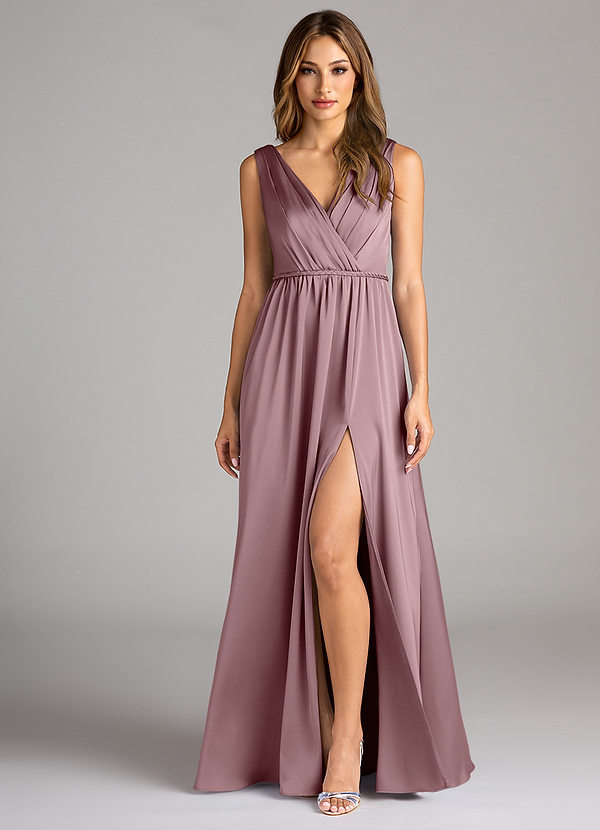 Azazie Tanicia Bridesmaid Dresses Dusty Rose A-Line Pleated Stretch Satin Dress image1